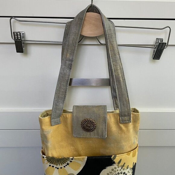 Hand Crafted Fabric Abstract Floral Print Tote Bag w Pockets Yellow Grey Blk - Picture 3 of 12